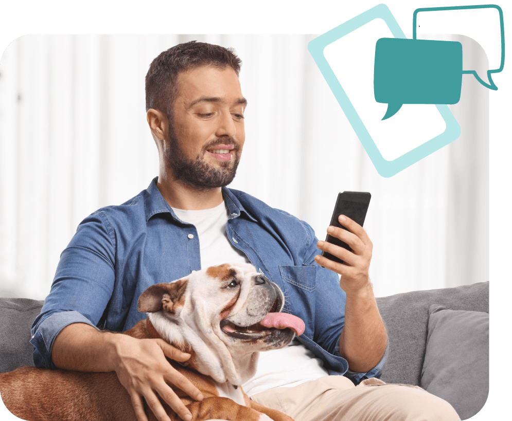 person on phone with bulldog