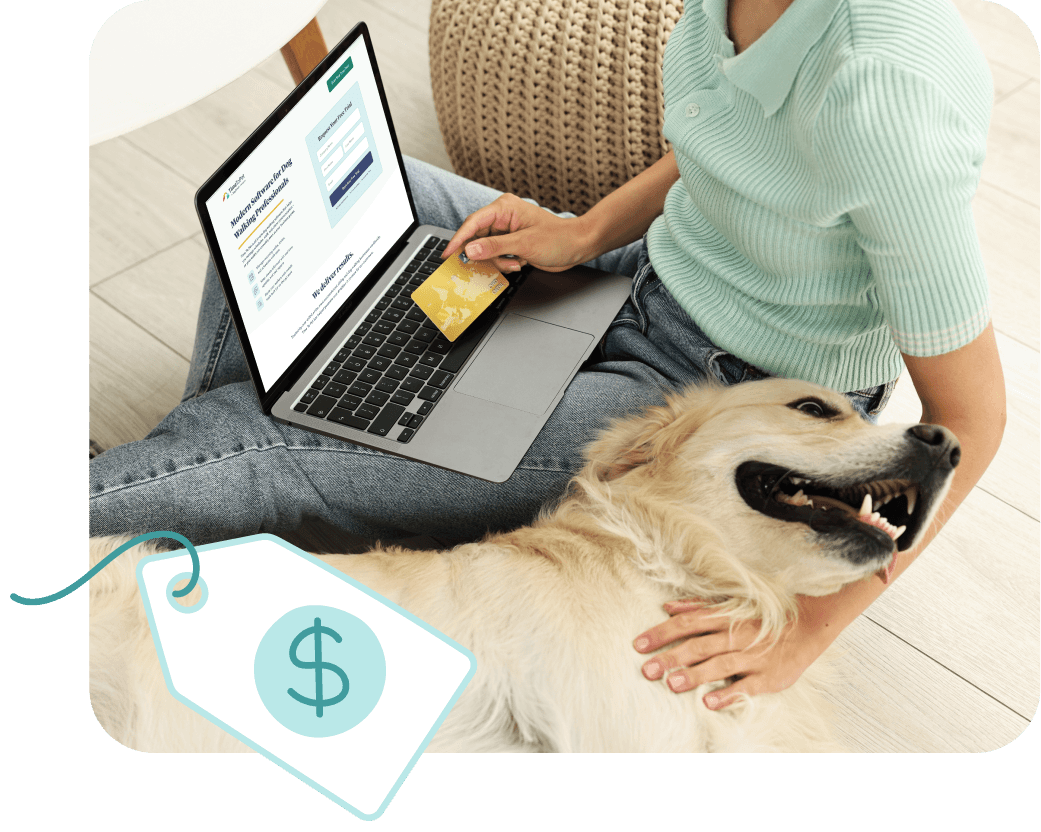 transparent pricing on laptop with dog